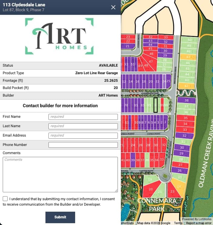 A homesite's builder-enquiry panel: the builder's logo, the lot's status and dimensions, and a contact form with name, email, phone and comments.