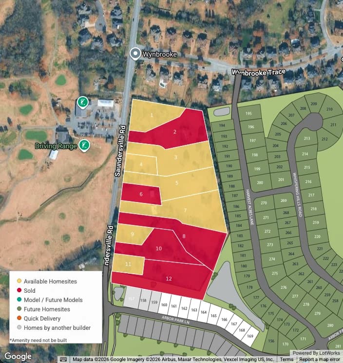 The community's lots over satellite imagery, showing the surrounding roads, a driving range and the neighbouring subdivisions around it.