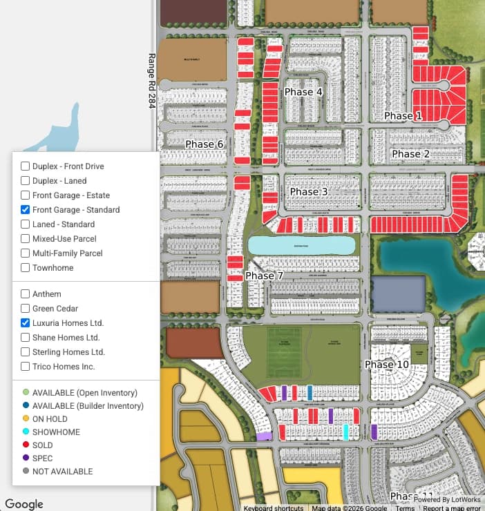 The map's filter panel: checkboxes for unit types such as duplex, front-garage and townhome, a builder list, and the lot-status legend below them.