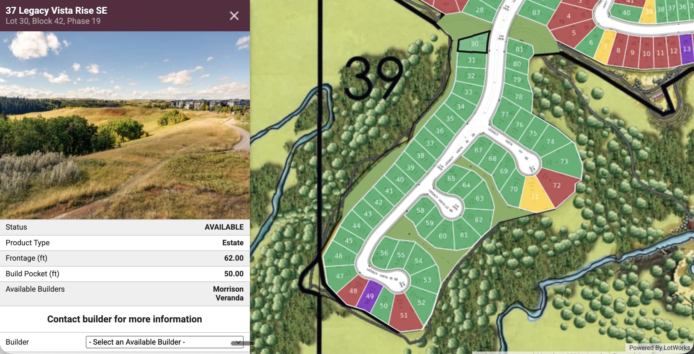 A homesite opened on the map: a photo of the lot, then its status, product type, frontage, build pocket and available builders, with a contact-builder prompt.