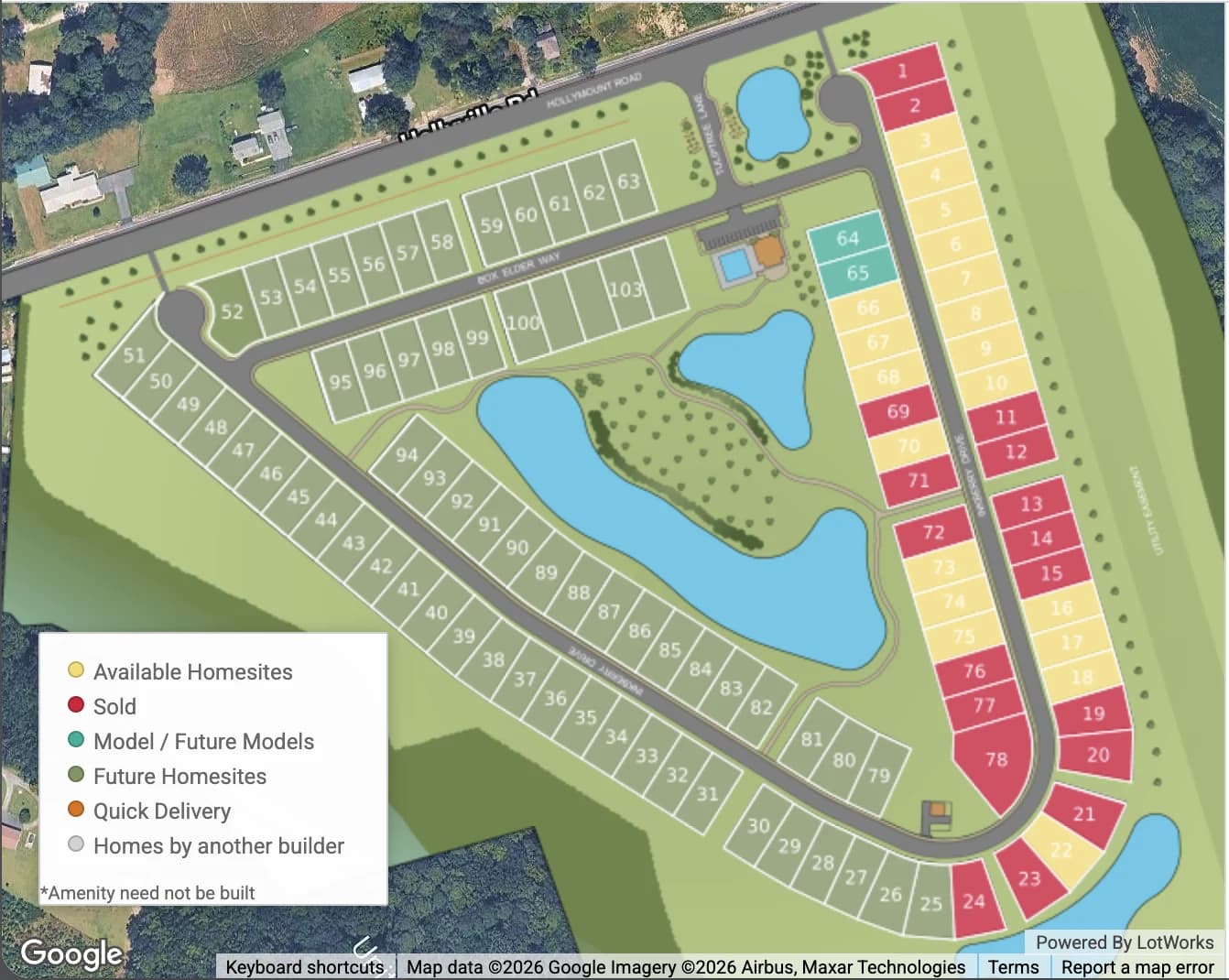 A community map with every homesite colour-coded by status, beside a legend for available, sold, model, future, quick-delivery and other-builder homesites.